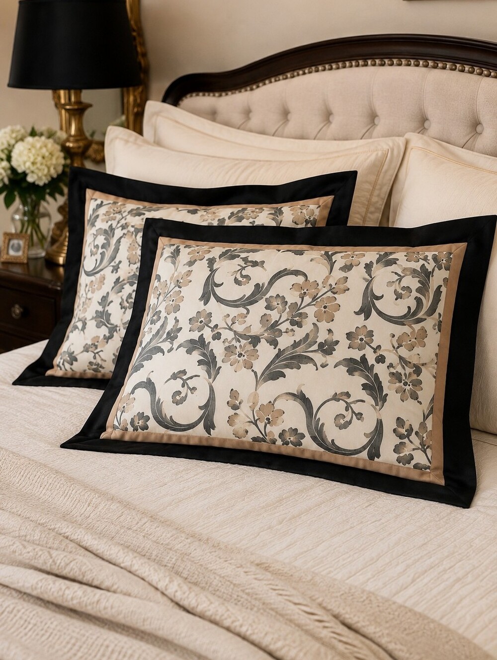 Sonoma Life + Style Floral Pillow Shams Set of 2 Black Taupe Cotton Standard